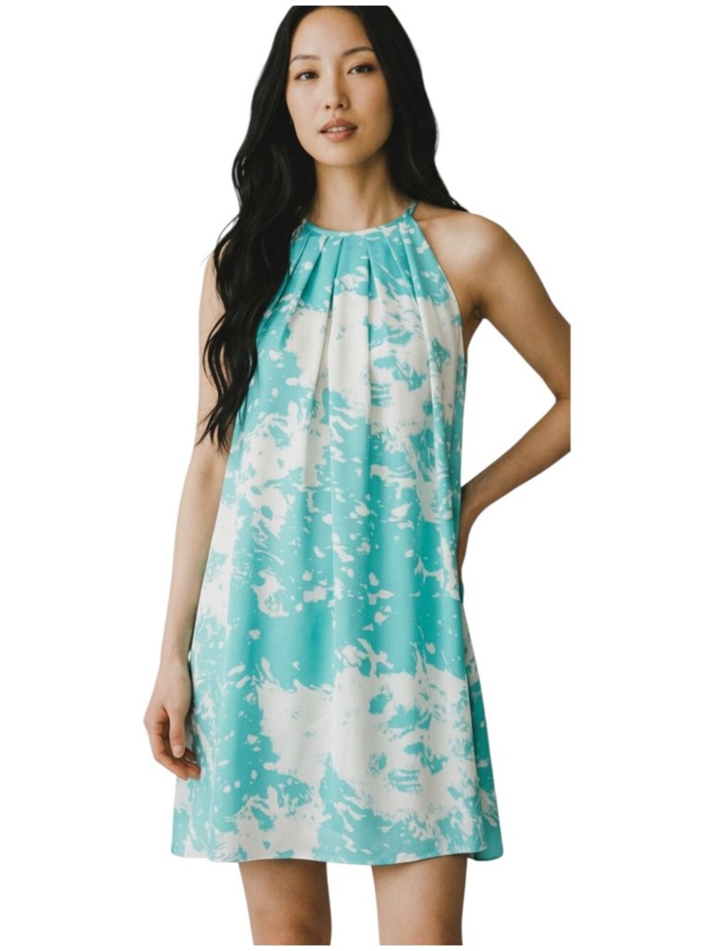 Jay Godfrey 100% Silk Halter Pleated Mini Dress Aqua White Abstract Print Size 4